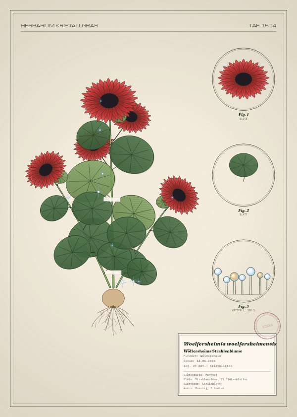 Botanische Tafel: Woelfersheimia woelfersheimensis, eine erfundene Pflanze aus Wölfersheim, gezeichnet wie in einem alten Pflanzenatlas