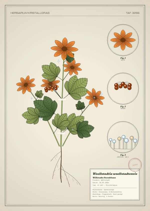 Botanische Tafel: Woellstadtia woellstadtensis, eine erfundene Pflanze aus Wöllstadt, gezeichnet wie in einem alten Pflanzenatlas