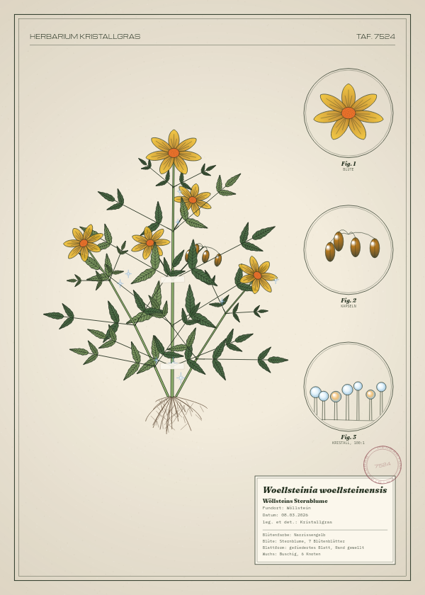 Botanische Tafel: Woellsteinia woellsteinensis, eine erfundene Pflanze aus Wöllstein, gezeichnet wie in einem alten Pflanzenatlas