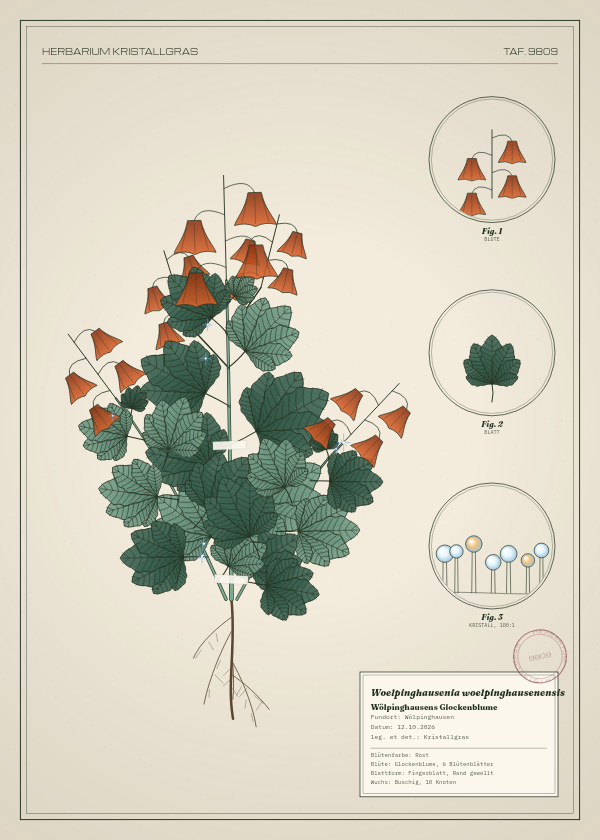 Botanische Tafel: Woelpinghausenia woelpinghausenensis, eine erfundene Pflanze aus Wölpinghausen, gezeichnet wie in einem alten Pflanzenatlas