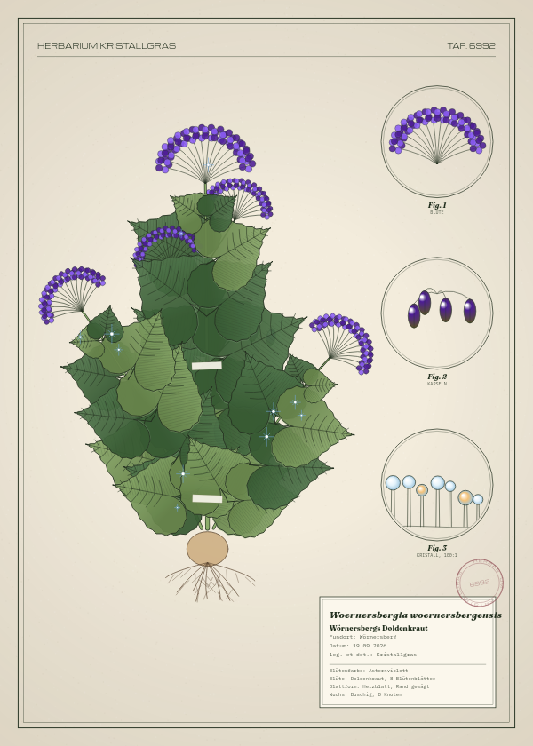 Botanische Tafel: Woernersbergia woernersbergensis, eine erfundene Pflanze aus Wörnersberg, gezeichnet wie in einem alten Pflanzenatlas