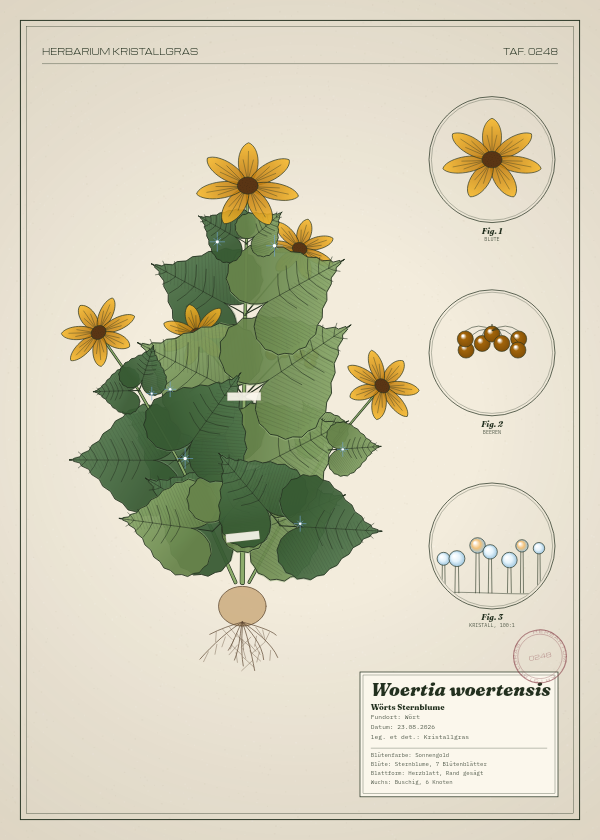 Botanische Tafel: Woertia woertensis, eine erfundene Pflanze aus Wört, gezeichnet wie in einem alten Pflanzenatlas