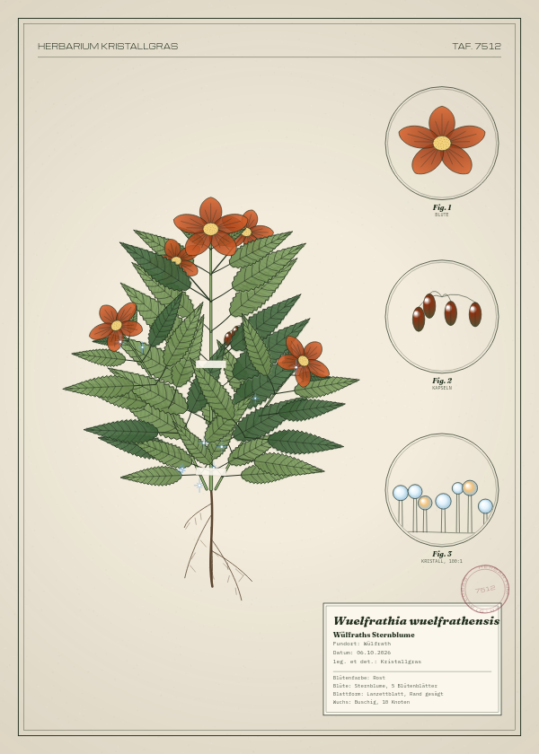 Botanische Tafel: Wuelfrathia wuelfrathensis, eine erfundene Pflanze aus Wülfrath, gezeichnet wie in einem alten Pflanzenatlas