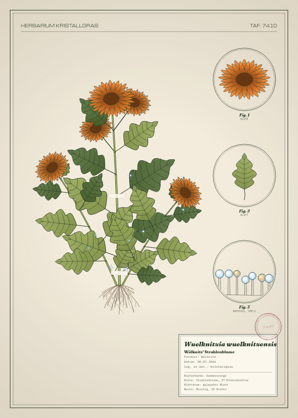 Botanische Tafel: Wuelknitzia wuelknitzensis, eine erfundene Pflanze aus Wülknitz, gezeichnet wie in einem alten Pflanzenatlas