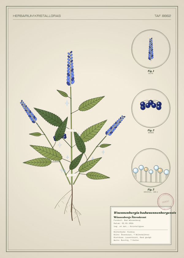 Botanische Tafel: Wuennenbergia badwuennenbergensis, eine erfundene Pflanze aus Bad Wünnenberg, gezeichnet wie in einem alten Pflanzenatlas