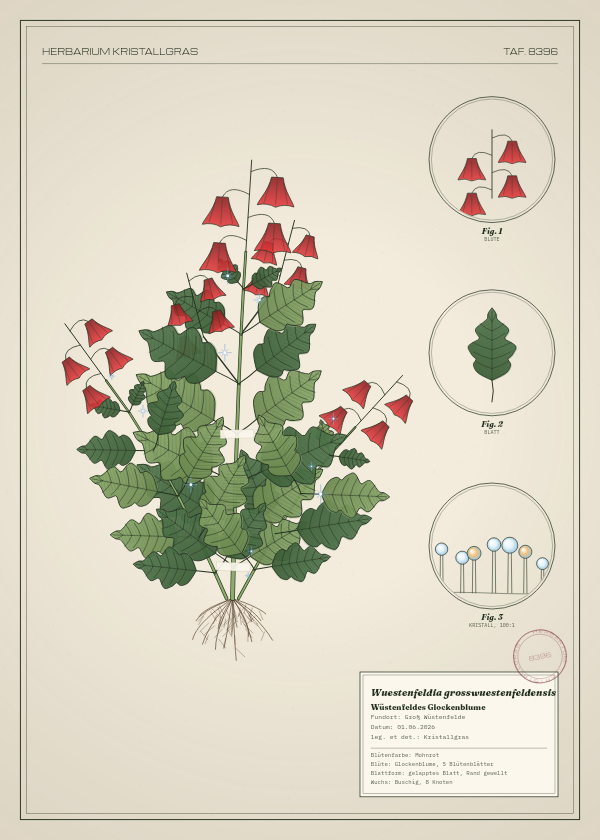 Botanische Tafel: Wuestenfeldia grosswuestenfeldensis, eine erfundene Pflanze aus Groß Wüstenfelde, gezeichnet wie in einem alten Pflanzenatlas