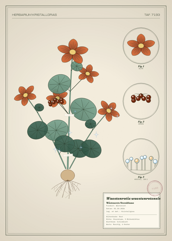 Botanische Tafel: Wuestenrotia wuestenrotensis, eine erfundene Pflanze aus Wüstenrot, gezeichnet wie in einem alten Pflanzenatlas