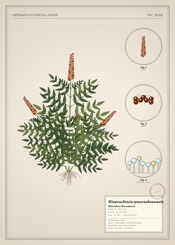 Botanische Tafel: Wuerselenia wuerselenensis, eine erfundene Pflanze aus Würselen, gezeichnet wie in einem alten Pflanzenatlas