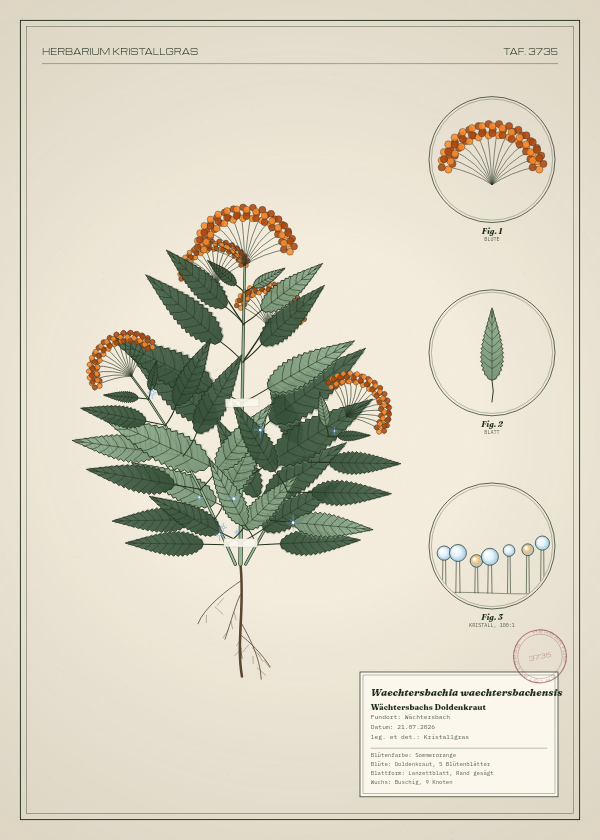 Botanische Tafel: Waechtersbachia waechtersbachensis, eine erfundene Pflanze aus Wächtersbach, gezeichnet wie in einem alten Pflanzenatlas