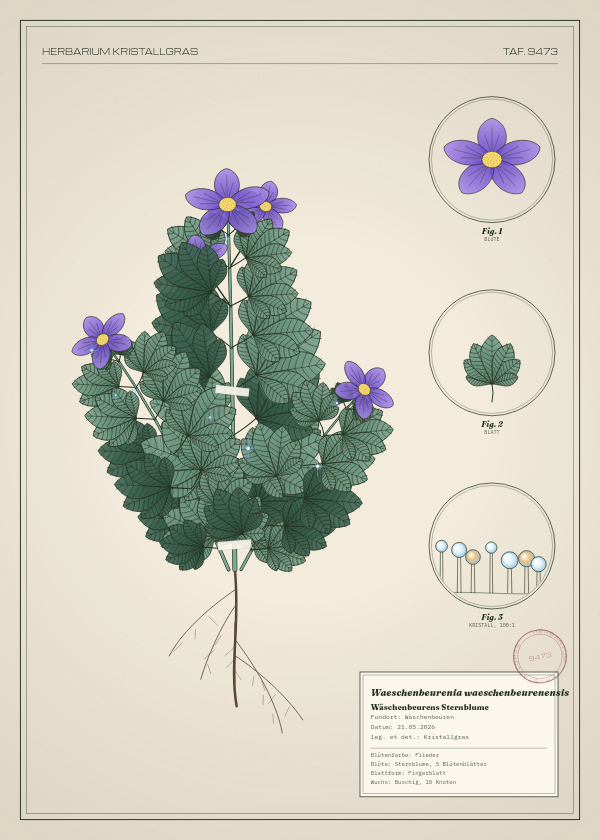 Botanische Tafel: Waeschenbeurenia waeschenbeurenensis, eine erfundene Pflanze aus Wäschenbeuren, gezeichnet wie in einem alten Pflanzenatlas