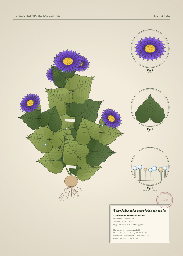 Botanische Tafel: Tottlebenia tottlebenensis, eine erfundene Pflanze aus Tottleben, gezeichnet wie in einem alten Pflanzenatlas
