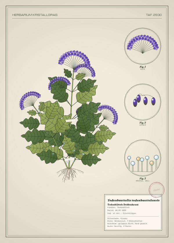 Botanische Tafel: Todenbuettelia todenbuettelensis, eine erfundene Pflanze aus Todenbüttel, gezeichnet wie in einem alten Pflanzenatlas