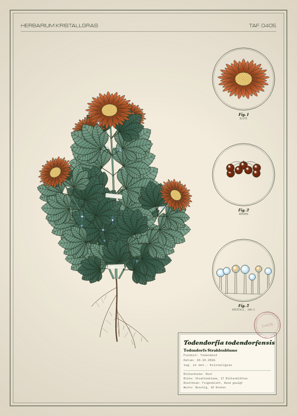 Botanische Tafel: Todendorfia todendorfensis, eine erfundene Pflanze aus Todendorf, gezeichnet wie in einem alten Pflanzenatlas