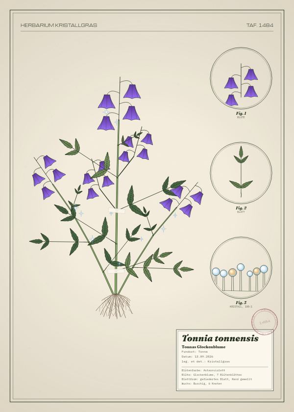 Botanische Tafel: Tonnia tonnensis, eine erfundene Pflanze aus Tonna, gezeichnet wie in einem alten Pflanzenatlas