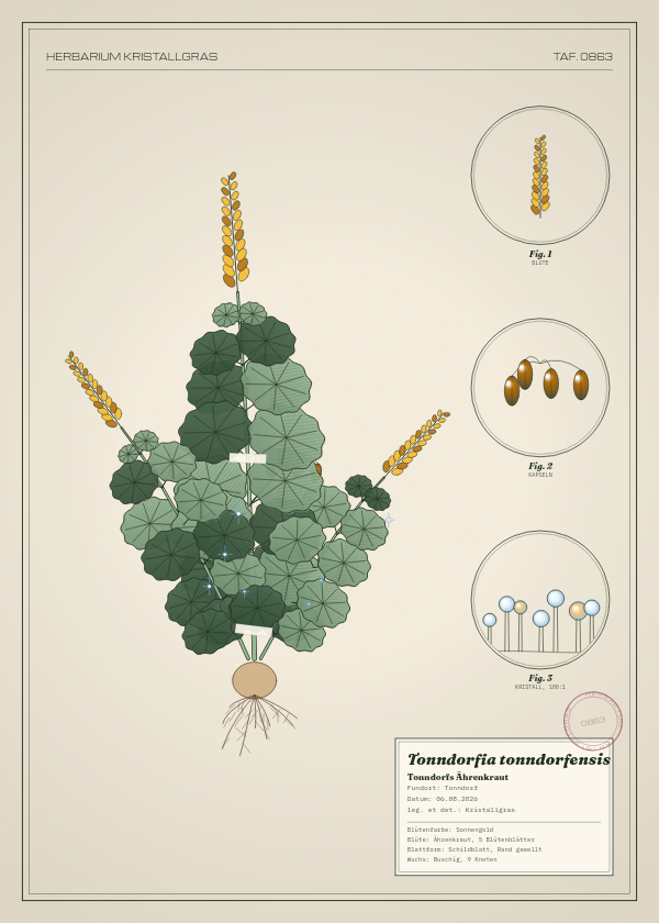 Botanische Tafel: Tonndorfia tonndorfensis, eine erfundene Pflanze aus Tonndorf, gezeichnet wie in einem alten Pflanzenatlas