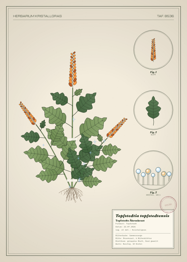 Botanische Tafel: Topfstedtia topfstedtensis, eine erfundene Pflanze aus Topfstedt, gezeichnet wie in einem alten Pflanzenatlas
