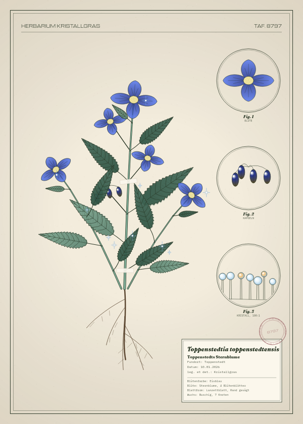Botanische Tafel: Toppenstedtia toppenstedtensis, eine erfundene Pflanze aus Toppenstedt, gezeichnet wie in einem alten Pflanzenatlas