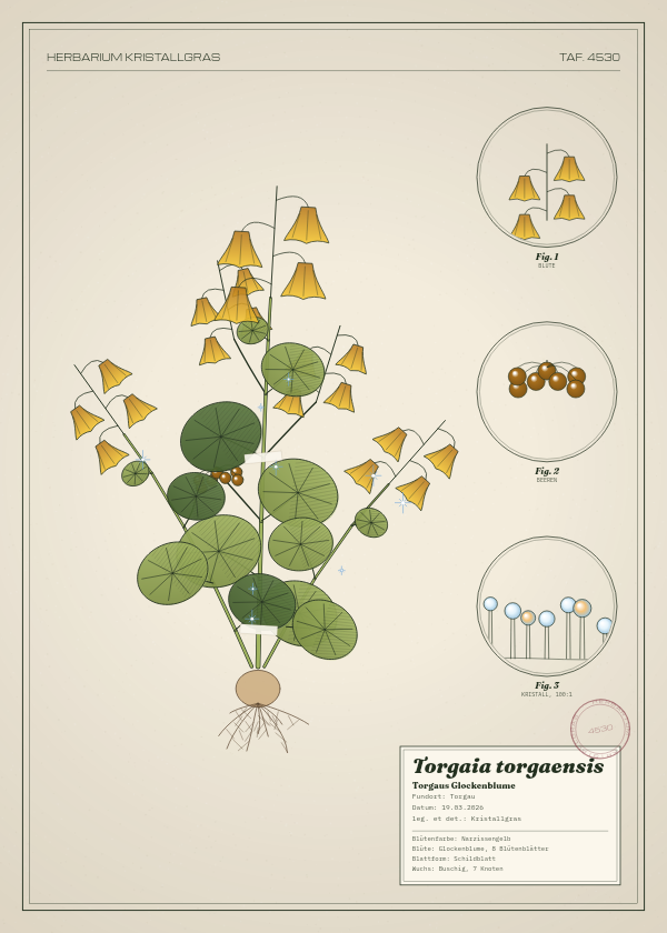 Botanische Tafel: Torgaia torgaensis, eine erfundene Pflanze aus Torgau, gezeichnet wie in einem alten Pflanzenatlas