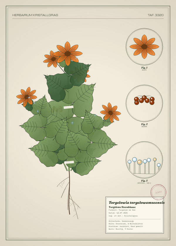 Botanische Tafel: Torgelowia torgelowamseensis, eine erfundene Pflanze aus Torgelow am See, gezeichnet wie in einem alten Pflanzenatlas