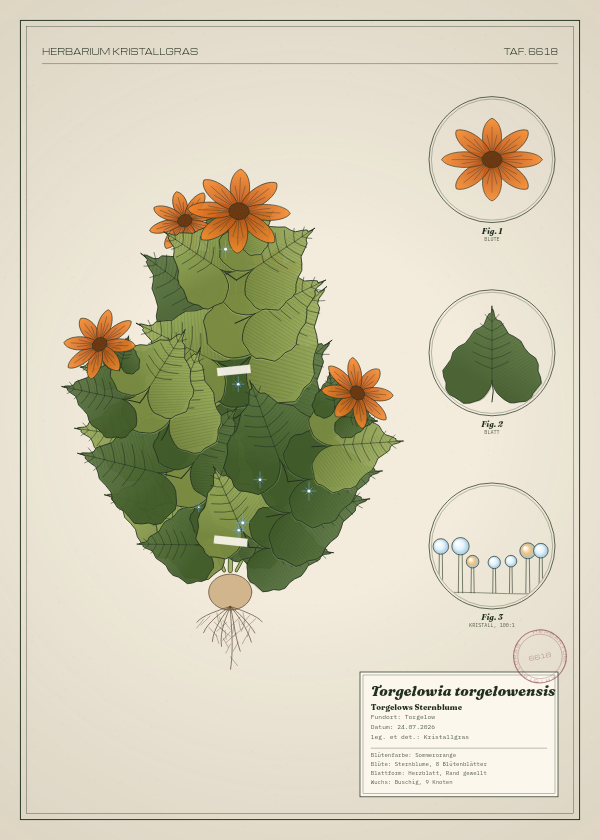 Botanische Tafel: Torgelowia torgelowensis, eine erfundene Pflanze aus Torgelow, gezeichnet wie in einem alten Pflanzenatlas
