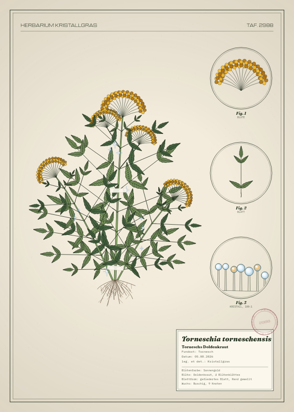 Botanische Tafel: Torneschia torneschensis, eine erfundene Pflanze aus Tornesch, gezeichnet wie in einem alten Pflanzenatlas