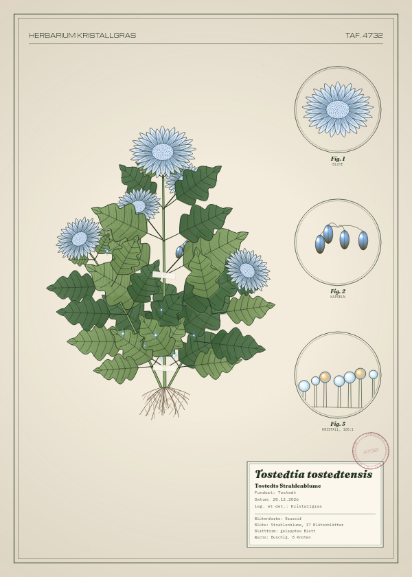 Botanische Tafel: Tostedtia tostedtensis, eine erfundene Pflanze aus Tostedt, gezeichnet wie in einem alten Pflanzenatlas