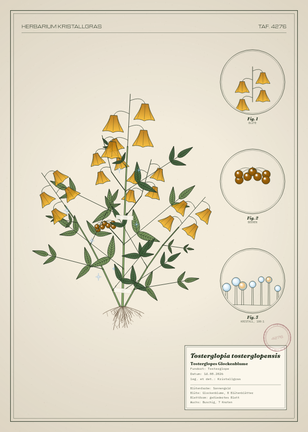 Botanische Tafel: Tosterglopia tosterglopensis, eine erfundene Pflanze aus Tosterglope, gezeichnet wie in einem alten Pflanzenatlas