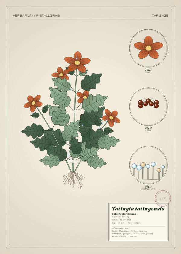 Botanische Tafel: Tatingia tatingensis, eine erfundene Pflanze aus Tating, gezeichnet wie in einem alten Pflanzenatlas