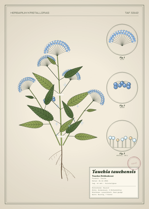 Botanische Tafel: Tauchia tauchensis, eine erfundene Pflanze aus Tauche, gezeichnet wie in einem alten Pflanzenatlas