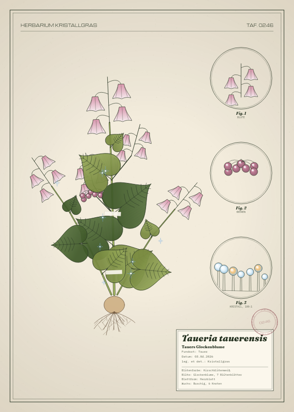 Botanische Tafel: Taueria tauerensis, eine erfundene Pflanze aus Tauer, gezeichnet wie in einem alten Pflanzenatlas