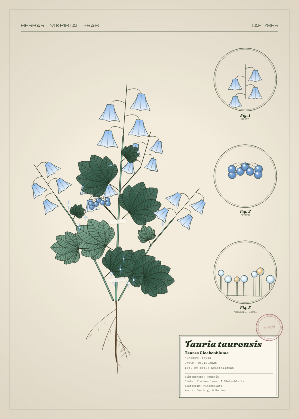 Botanische Tafel: Tauria taurensis, eine erfundene Pflanze aus Taura, gezeichnet wie in einem alten Pflanzenatlas