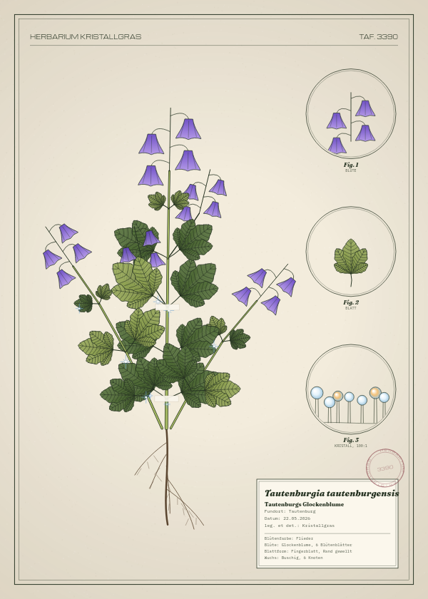 Botanische Tafel: Tautenburgia tautenburgensis, eine erfundene Pflanze aus Tautenburg, gezeichnet wie in einem alten Pflanzenatlas
