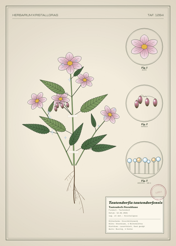Botanische Tafel: Tautendorfia tautendorfensis, eine erfundene Pflanze aus Tautendorf, gezeichnet wie in einem alten Pflanzenatlas