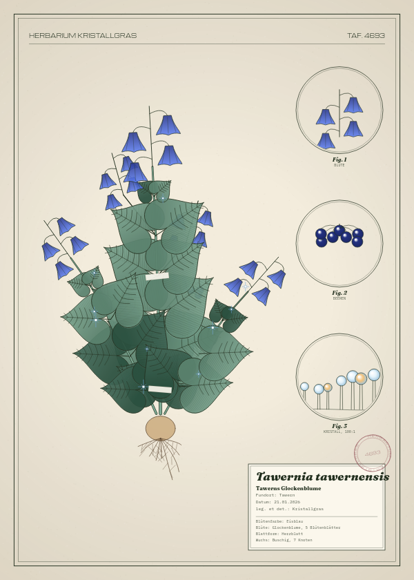 Botanische Tafel: Tawernia tawernensis, eine erfundene Pflanze aus Tawern, gezeichnet wie in einem alten Pflanzenatlas