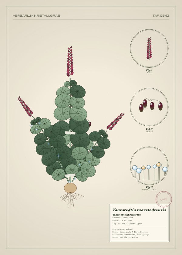 Botanische Tafel: Taarstedtia taarstedtensis, eine erfundene Pflanze aus Taarstedt, gezeichnet wie in einem alten Pflanzenatlas