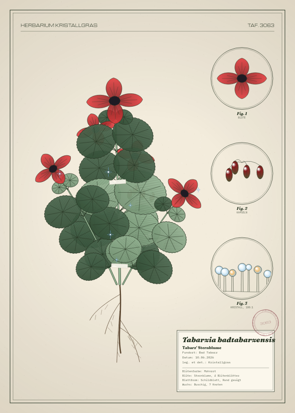 Botanische Tafel: Tabarzia badtabarzensis, eine erfundene Pflanze aus Bad Tabarz, gezeichnet wie in einem alten Pflanzenatlas