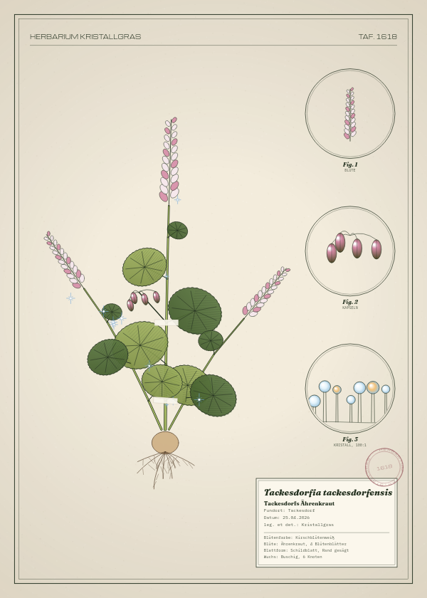 Botanische Tafel: Tackesdorfia tackesdorfensis, eine erfundene Pflanze aus Tackesdorf, gezeichnet wie in einem alten Pflanzenatlas
