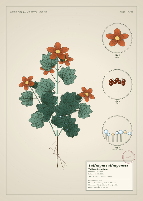 Botanische Tafel: Tallingia tallingensis, eine erfundene Pflanze aus Talling, gezeichnet wie in einem alten Pflanzenatlas