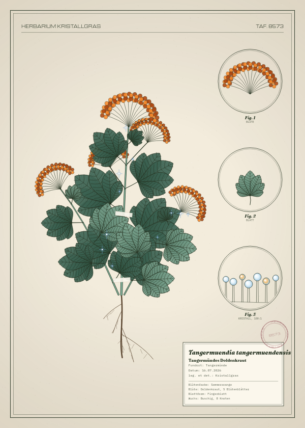 Botanische Tafel: Tangermuendia tangermuendensis, eine erfundene Pflanze aus Tangermünde, gezeichnet wie in einem alten Pflanzenatlas