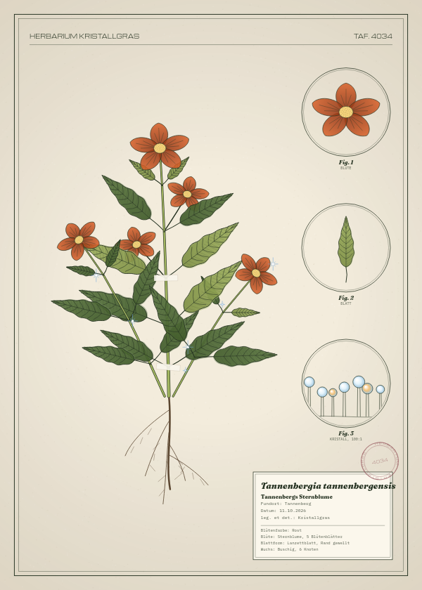 Botanische Tafel: Tannenbergia tannenbergensis, eine erfundene Pflanze aus Tannenberg, gezeichnet wie in einem alten Pflanzenatlas