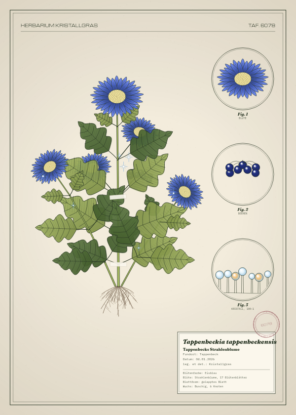 Botanische Tafel: Tappenbeckia tappenbeckensis, eine erfundene Pflanze aus Tappenbeck, gezeichnet wie in einem alten Pflanzenatlas