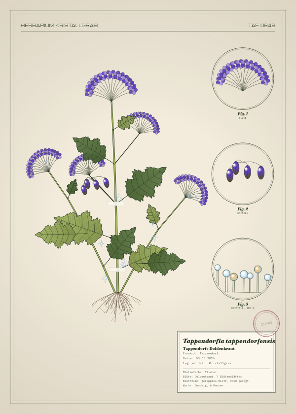 Botanische Tafel: Tappendorfia tappendorfensis, eine erfundene Pflanze aus Tappendorf, gezeichnet wie in einem alten Pflanzenatlas