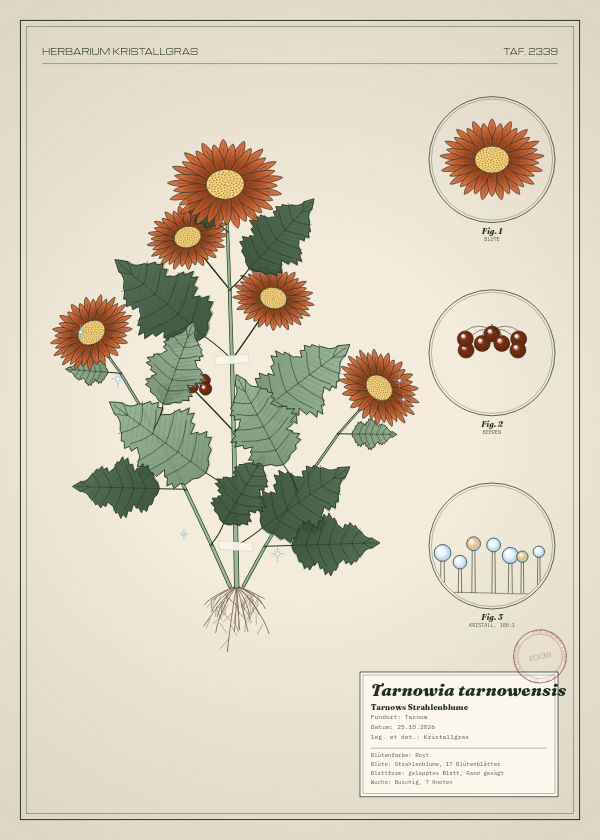 Botanische Tafel: Tarnowia tarnowensis, eine erfundene Pflanze aus Tarnow, gezeichnet wie in einem alten Pflanzenatlas