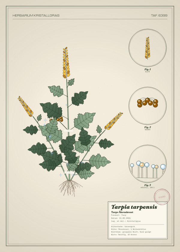 Botanische Tafel: Tarpia tarpensis, eine erfundene Pflanze aus Tarp, gezeichnet wie in einem alten Pflanzenatlas