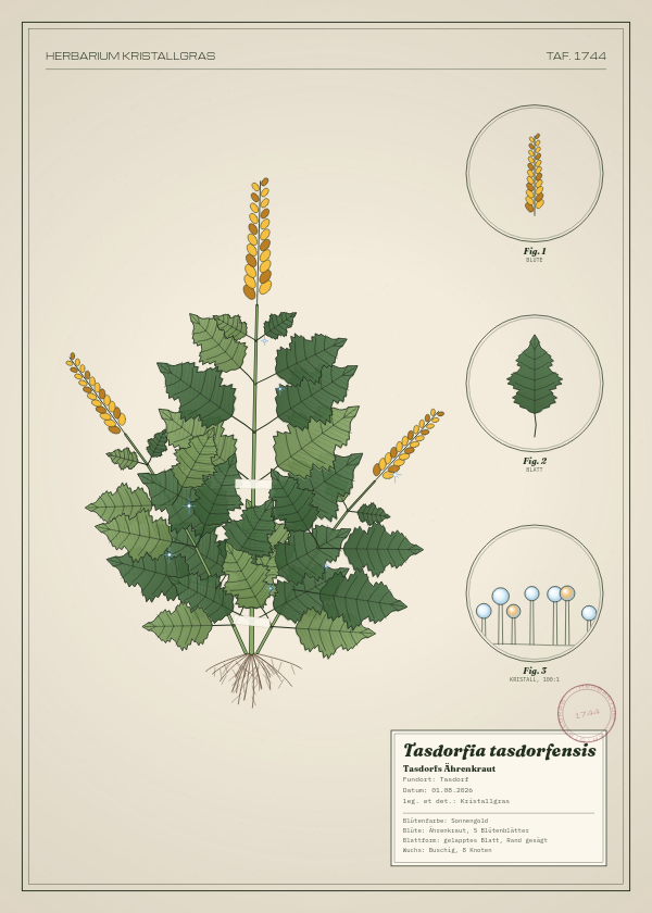 Botanische Tafel: Tasdorfia tasdorfensis, eine erfundene Pflanze aus Tasdorf, gezeichnet wie in einem alten Pflanzenatlas