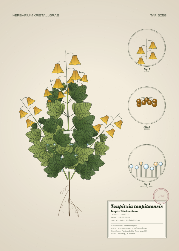 Botanische Tafel: Teupitzia teupitzensis, eine erfundene Pflanze aus Teupitz, gezeichnet wie in einem alten Pflanzenatlas