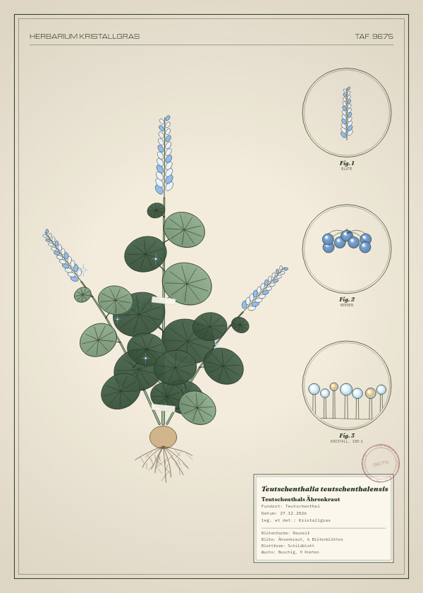 Botanische Tafel: Teutschenthalia teutschenthalensis, eine erfundene Pflanze aus Teutschenthal, gezeichnet wie in einem alten Pflanzenatlas