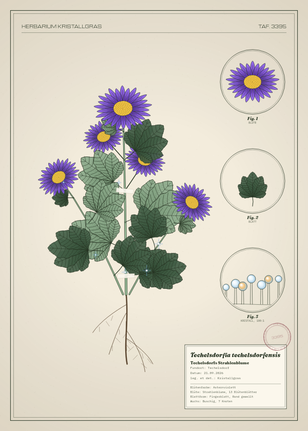 Botanische Tafel: Techelsdorfia techelsdorfensis, eine erfundene Pflanze aus Techelsdorf, gezeichnet wie in einem alten Pflanzenatlas