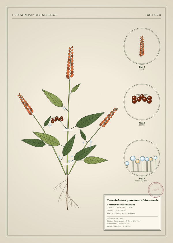 Botanische Tafel: Teetzlebenia grossteetzlebenensis, eine erfundene Pflanze aus Groß Teetzleben, gezeichnet wie in einem alten Pflanzenatlas