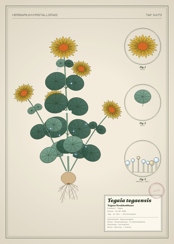 Botanische Tafel: Tegaia tegaensis, eine erfundene Pflanze aus Tegau, gezeichnet wie in einem alten Pflanzenatlas